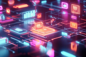 A network of e-commerce platforms connected by glowing digital pathways, symbolizing seamless online transactions.