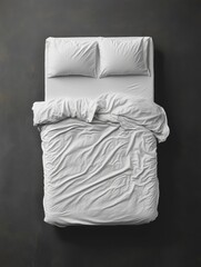 Minimalist bed with white linens and pillows.