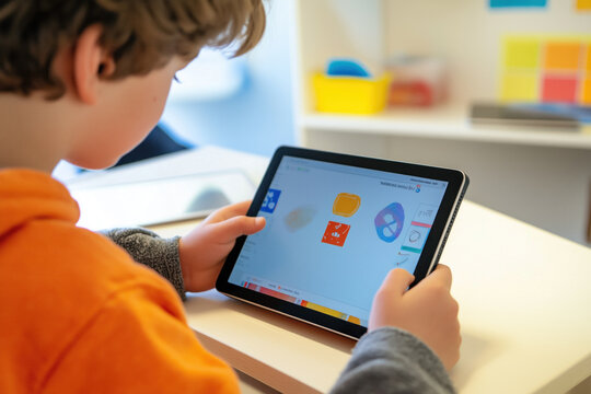 Boy exploring an educational app on a tablet at school