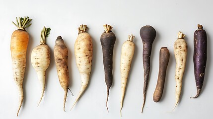 Assorted root vegetables aligned on a white surface