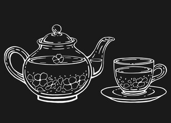 Tea set with healthy green tea, jasmine. Teapot and cup. Hand drawn vector illustration in outline style.