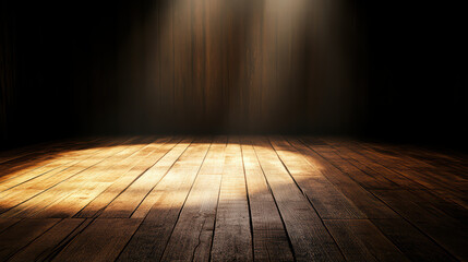 shadowy room with mysterious glow illuminating wooden floor, creating atmospheric and dramatic setting. interplay of light and shadow evokes sense of intrigue and anticipation
