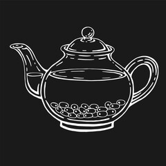 Teapot, sea buckthorn tea. Hand drawn vector illustration in outline style.