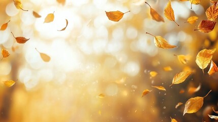 A warm autumn background with golden leaves falling gently against a backdrop of trees and a clear sky.