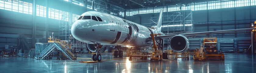 A sleek modern aircraft under construction in a state-of-the-art aerospace facility, showcasing innovative design.
