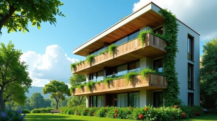 Fototapeta premium Modern Eco-Friendly Apartment Building with Lush Greenery and Wooden Accents on Balconies, Nestled in a Serene Landscape