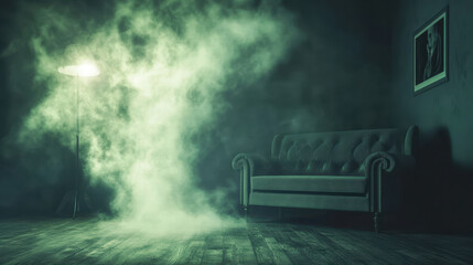 spooky room with faint glowing mist swirling around vintage sofa, creating eerie atmosphere. dim light adds to mysterious ambiance of space