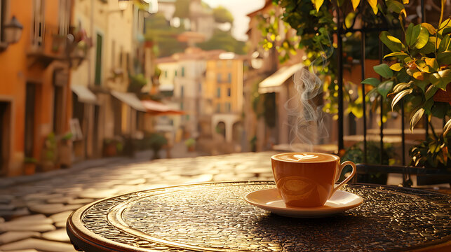 Fototapeta Warm and Inviting Shot of Italian Espresso on Rustic Table