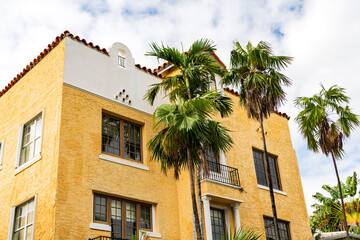 Modern yellow building of Miami beach. Ocean drive. Miami Beach in Ocean Drive Florida. Art Deco building architecture. Architectural building. Art deco. Architectural district Art Deco