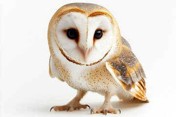 Isolated barn owl against a plain white backdrop