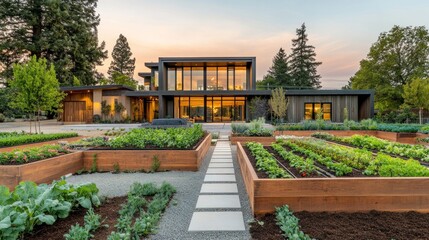 Obraz premium Modern Farmhouse with Expansive Vegetable Garden at Sunset