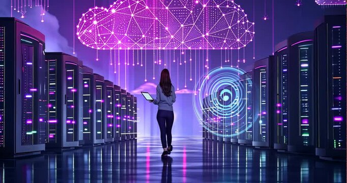  IT specialist managing cloud servers from a laptop