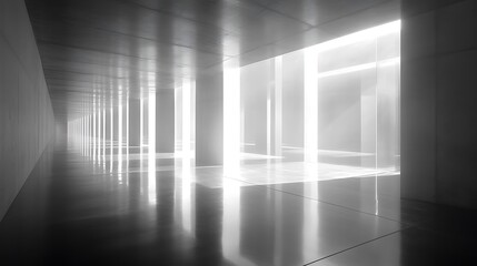 Bright hallway, glass walls, reflections, modern architecture, design