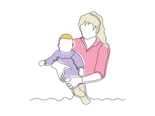 Abstract woman with baby, child in her arms, continuous single one line art hand drawing sketch logo