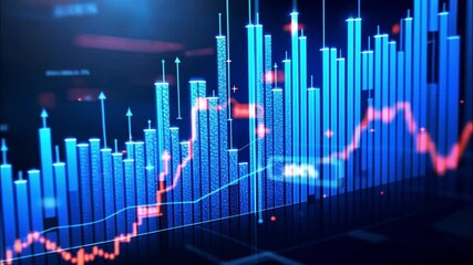 Abstract Visualization of Financial Data: Blue and Red Bar and Line Charts - Powered by Adobe