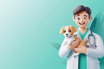 Veterinarian holding a puppy clinic illustration bright environment cheerful viewpoint animal care concept