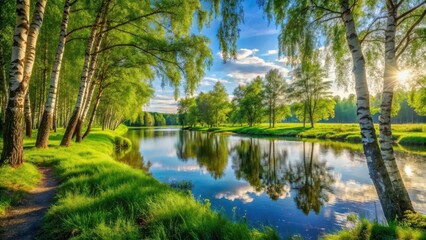 Obraz premium Serene Riverbank Path, Sunlight Dappling Through Birch Trees, Reflecting on Calm Water, Lush Green Grass