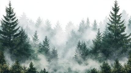 Obraz premium Enchanting Misty Forest Scene with Majestic Tall Trees Shrouded in Ethereal Fog Creating a Dreamlike Atmosphere and Invoking a Sense of Mystery and Tranquility in Nature's Embrace