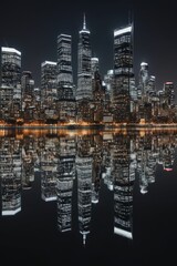 Naklejka premium arafficial photograph of a city at night with a reflection in the water
