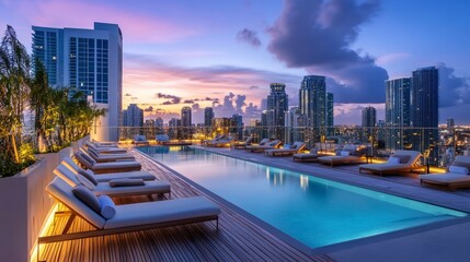 Fototapeta premium Elegant rooftop pool area with modern sunbeds, warm golden lighting, and sweeping metropolitan views, radiating luxury and exclusivity