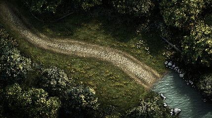 Winding forest path beside stream, aerial view, nature background, game design