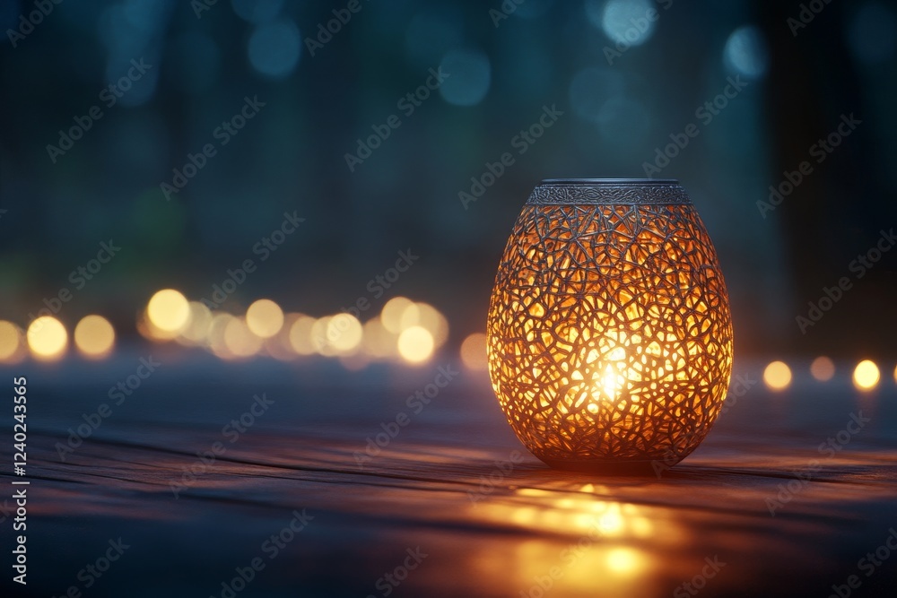 Poster illuminated ornate lantern on wooden surface with bokeh background.