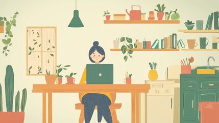 A whimsical illustration showcasing the challenges and joys of working from home.