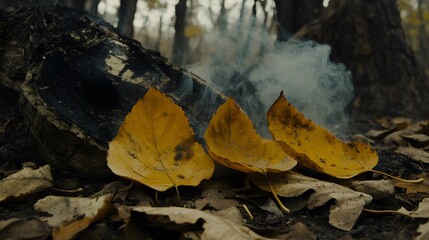 Naklejka premium Autumn Leaves Smoldering Near Burnt Tree Stump