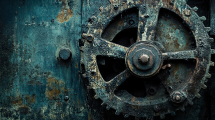 Rusty gear on weathered metal surface, showcasing industrial decay and vintage machinery. intricate details evoke sense of nostalgia and history