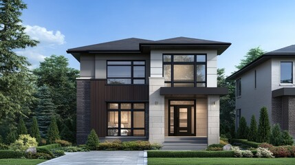 3D rendering of a two-story house with a black and white color theme. The exterior wall is made from dark brown wood and light gray concrete material, with large windows on the front facade