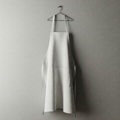 A solid white apron hanging on a hook against a light gray wall, soft lighting, and a clean look.