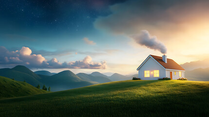 Charming storybook-style home with smoke rising from the chimney serene hills digital illustration evening calm cozy concept