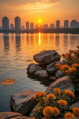 sunset over a body of water with a bunch of flowers growing on the rocks