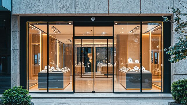 A wide shot of a stylish jewelry store entrance with sleek glass windows displaying stunning pieces.