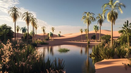 Tranquil desert oasis, lush palms reflecting in water, serene sunset ambiance, perfect for relaxation or nature themes.