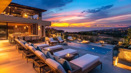 High-end rooftop terrace with stylish lounge chairs, a gourmet outdoor kitchen, and twinkling sunset reflections on glass.