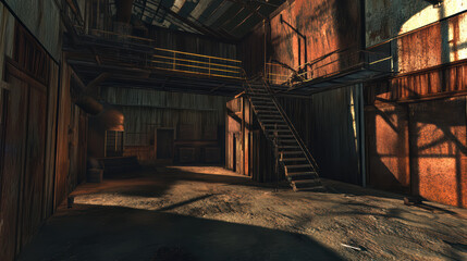 abandoned warehouse with rusting metal, shadows, and haunting atmosphere. interior features staircase and industrial elements, evoking sense of desolation and mystery