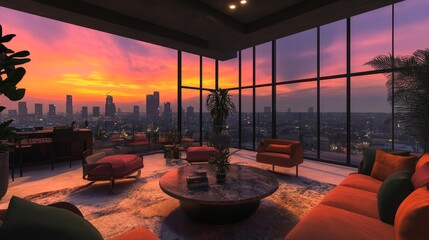 Fototapeta premium High-rise luxury apartment with a rooftop sky lounge, offering modern decor, cozy seating, and a spectacular skyline backdrop.