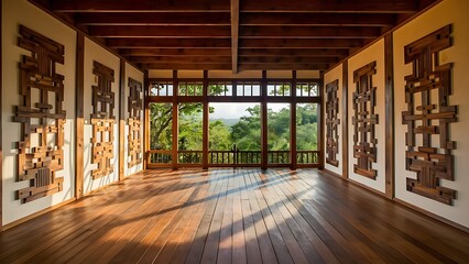 Fototapeta premium an empty room with wooden floors and wooden motif walls along with windows