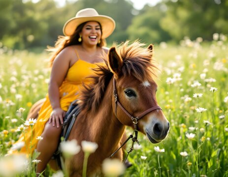Joyful Woman in Yellow Dress Rides Pony in Daisy Field