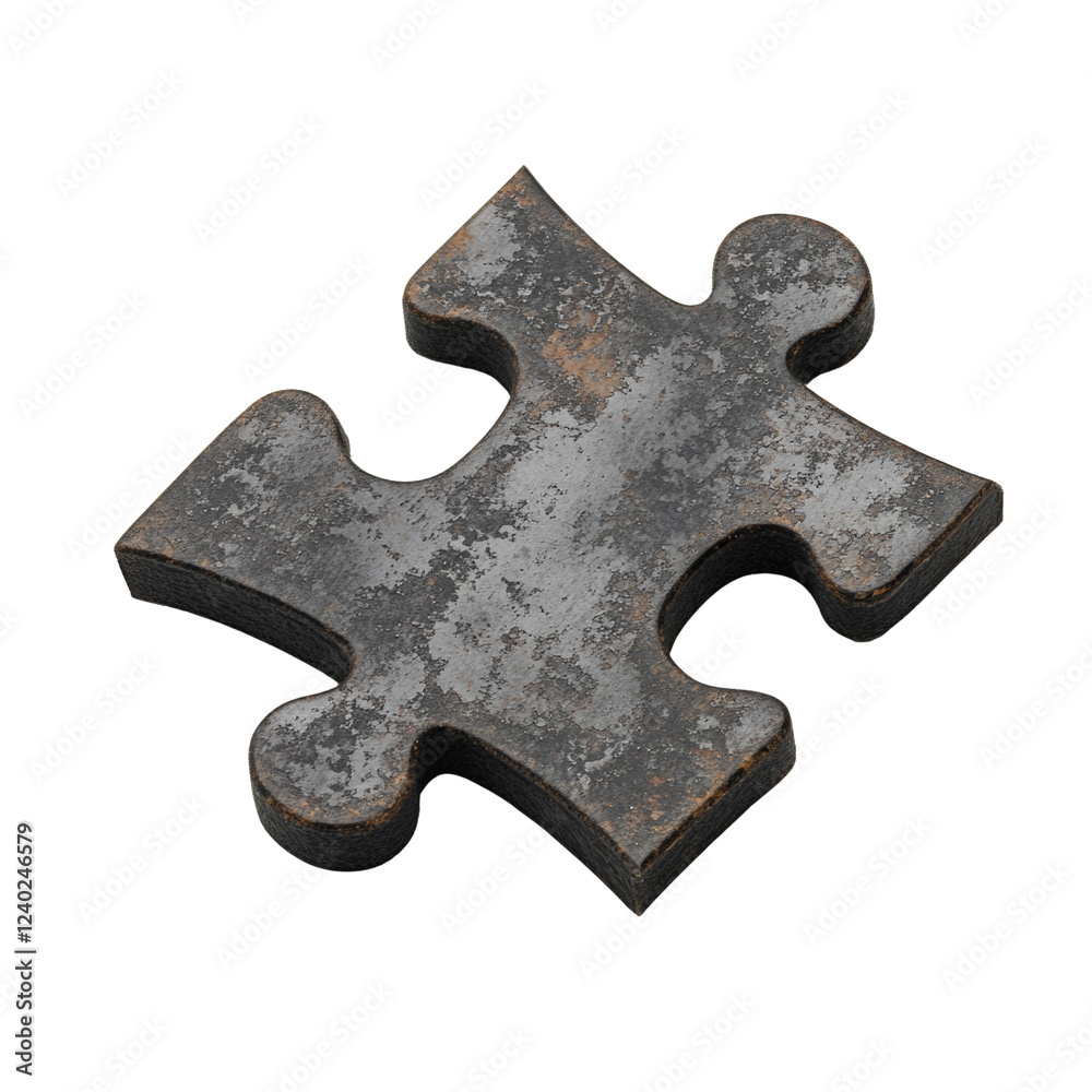 Poster the image shows a single, three-dimensional metal puzzle piece with a rustic, weathered texture.