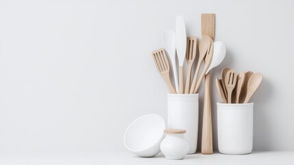 Kitchen Utensils in White Jars on White Background