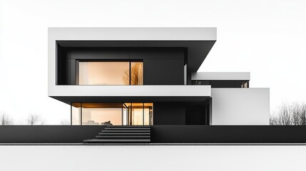 Contemporary Architecture Showcasing a Striking Black and White Exterior Design of a Modern House Surrounded by Lush Greenery and Clear Blue Sky Evoking a Sense of Sophistication and Style