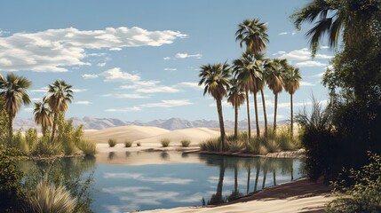 Fototapeta premium Tranquil waterfront scene, lush palm trees and serene water create a peaceful atmosphere, perfect for relaxation and reflection.