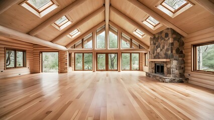 Empty bright empty log cabin house interior with hardwood floor, skylights and windows