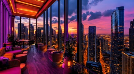 Lavish sky lounge with private cabanas, ambient lighting, and a breathtaking city skyline, perched atop a luxury high-rise.