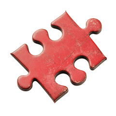 Fototapeta premium A weathered red jigsaw puzzle piece is shown against a black background. The piece shows signs of age and wear.