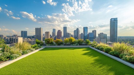 Obraz premium Luxurious rooftop green space with elegant landscaping, lush grass, and panoramic views of a modern urban skyline