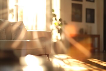 Sunlit living room couch, morning light, home interior, peaceful scene