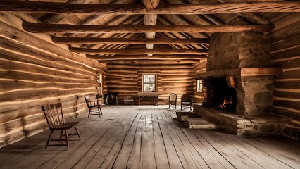 Empty log cabin interior. Interior of a historic pioneer log cabin in the Smoky Mountains. This cabin is a historical display open to the public and is not a privately owned property or residence.
